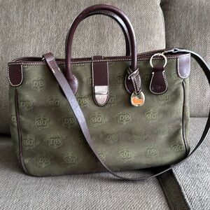 Green Dooney and Bourke canvas and leather shoulder bag with small cosmetic bag